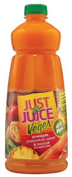 Just Juice with Veges Pineapple Passionfruit with Carrot & Broccoli is available from participating supermarkets nationwide. (RRP $5.99, 1.8l), (RRP $8.99, 6 x 250ml multipack).